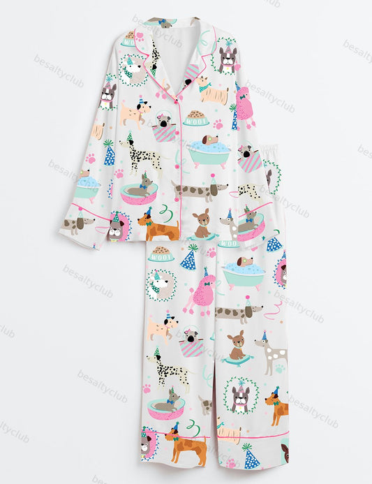 Pawty Pups Cute Dog Party Art Print Long Sleeve Satin Pajama Set