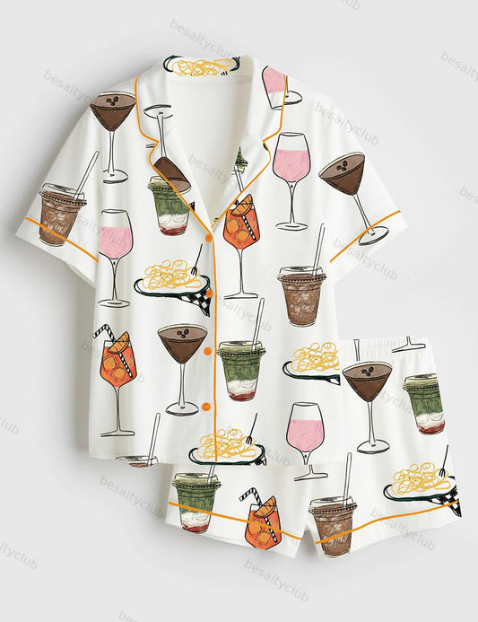 Martini Coffee Julep Cocktail Margarita Margs and Matrimony Spaghetti Bachelorette Wedding Drinks Short Sleeve Satin Pajama Set