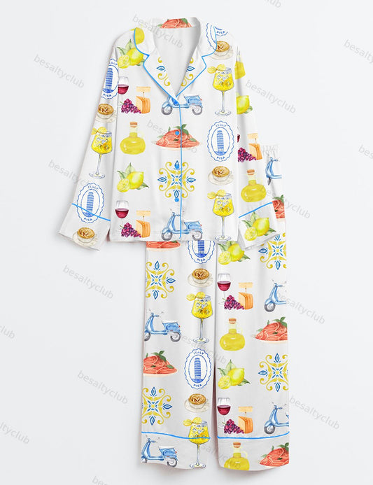 Amalfi Coast Social Club Capri Italy Lemon Tree Aperol Spritz Long Sleeve Satin Pajama Set