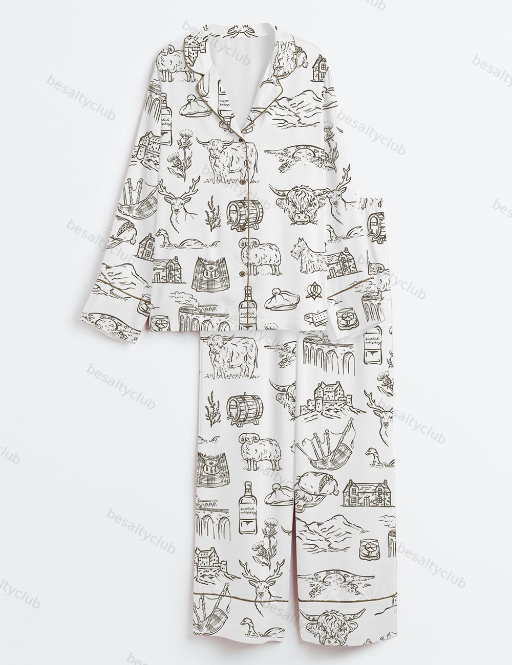 Scotland Whimsical Style Scottish Highlands Whisky Castles And Love On The Moors Long Sleeve Satin Pajama Set