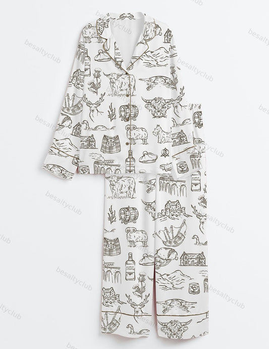 Scotland Whimsical Style Scottish Highlands Whisky Castles And Love On The Moors Long Sleeve Satin Pajama Set