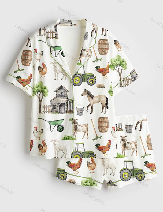 Watercolor Allover Goat Farm Short Sleeve Satin Pajama Set