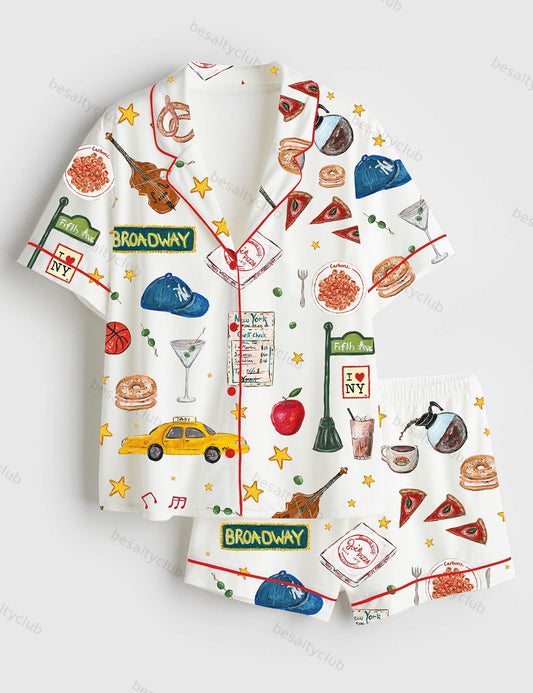 New York Travel Short Sleeve Satin Pajama Set