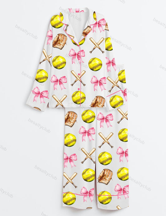 Softball Pink Coquette Bow Long Sleeve Satin Pajama Set