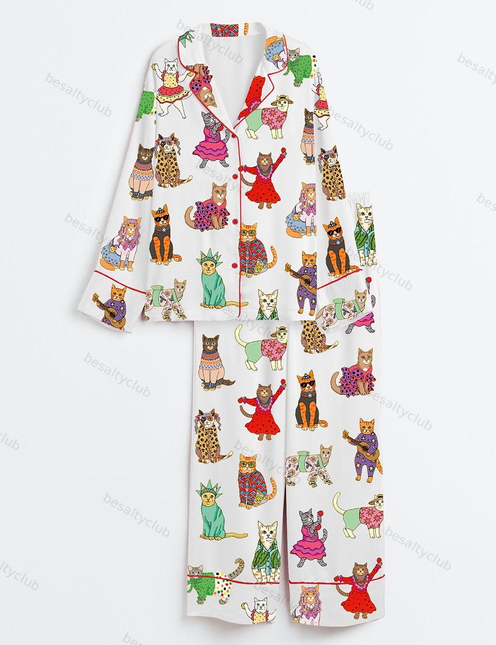 Catwalk Around The World Cat Lover Long Sleeve Satin Pajama Set