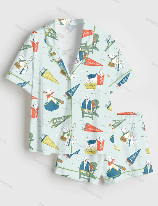 Lake Life Dog Art Lakeside Summer Art Lake House Fishing Camp Canoeing Short Sleeve Satin Pajama Set