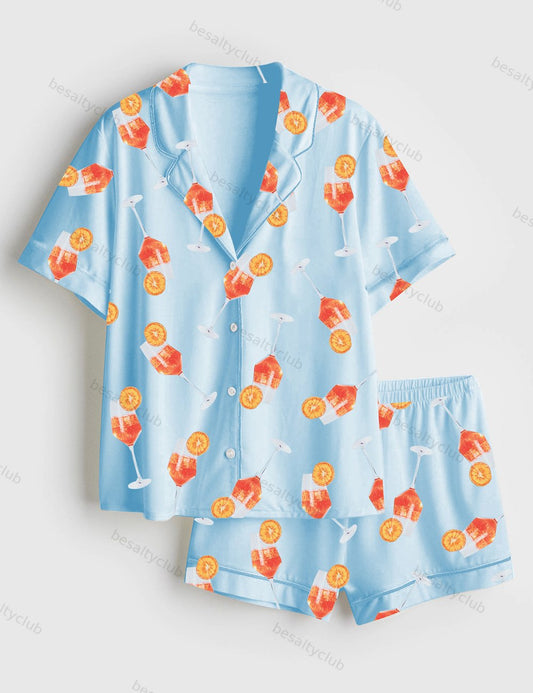 Aperol Spritz Cocktail Short Sleeve Satin Pajama Set