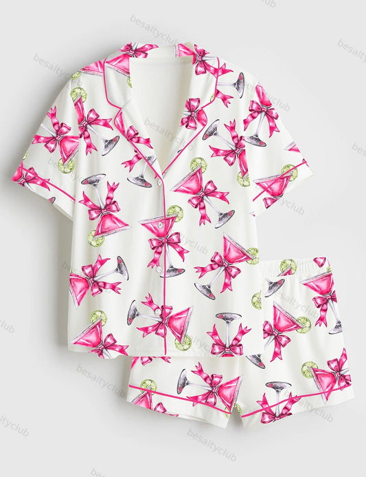 Cosmopolitan Martini Glass With Lime And Bow Short Sleeve Satin Pajama Set
