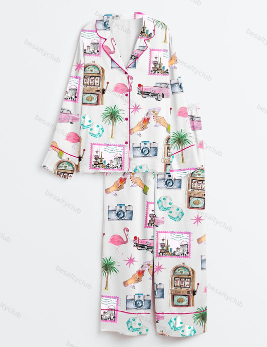 Las Vegas Bachelorette Cocktail Club Girls Trip Country Club Long Sleeve Satin Pajama Set