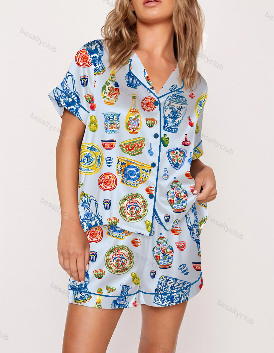 Colorful Ceramics Satin Pajama Set
