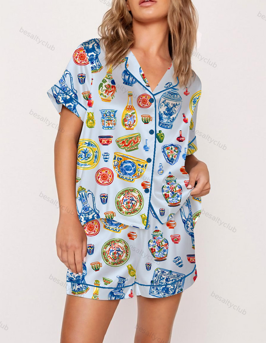 Colorful Ceramics Satin Pajama Set