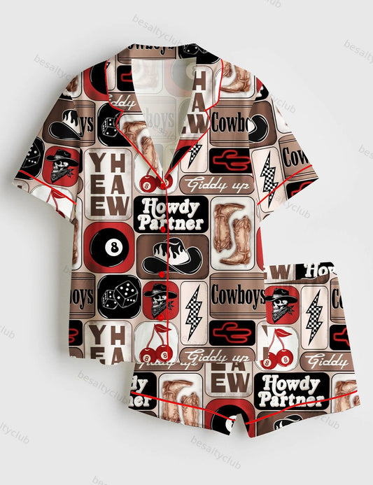 Yee Haw Howdy Partner Giddy Up Western Cowboy Collage Print Short Sleeve Satin Pajama Set
