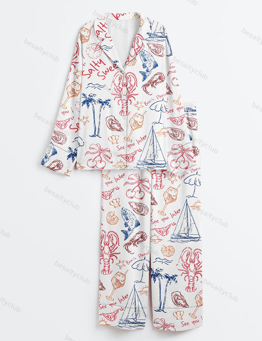 Salty But Sweet Retro Summer Coastal Beach Aesthetic Summer Cocktail Sea Food Lobster Print Long Sleeve Satin Pajama Set