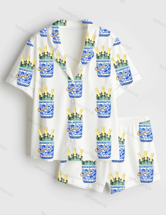 Women's Champagne Coaster More Veuve Please Champagne Veuve Short Sleeve Satin Pajama Set