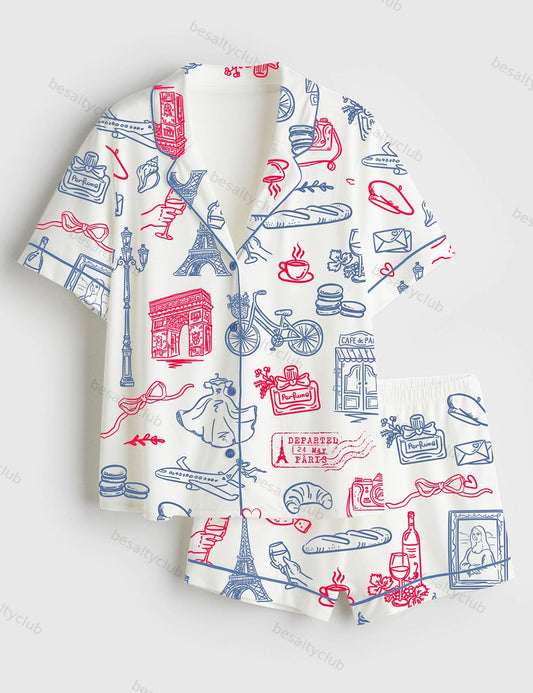 Paris Whimsical French Parisian Symbols Short Sleeve Satin Pajama Set