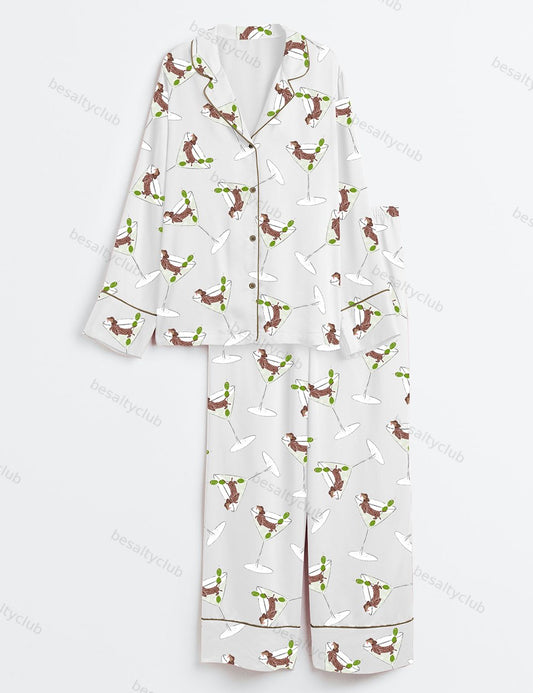 Weenie Tini Weiner Dog Dirty Martini Long Sleeve Satin Pajama Set