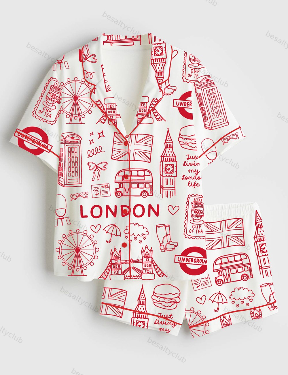 London Icons London British Landmarks Travel Journal Short Sleeve Satin Pajama Set