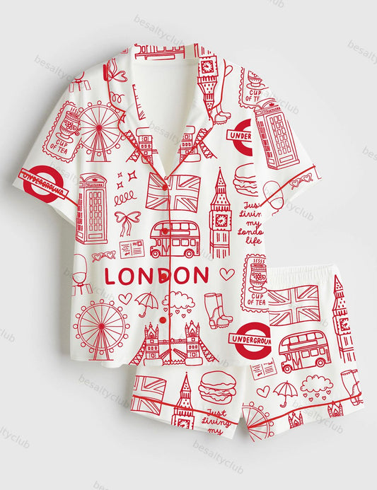 London Icons London British Landmarks Travel Journal Short Sleeve Satin Pajama Set
