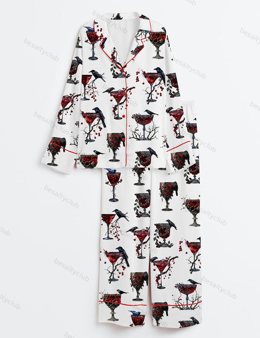 Halloween Cocktail Alcohol Drinks Gothic Cocktail Black Bird Red Gothic Christmas Drinks Long Sleeve Satin Pajama Set