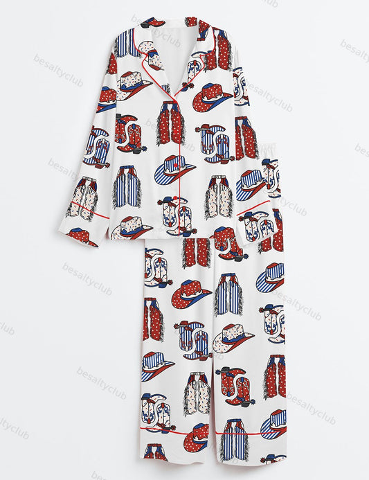 Boots Chaps Cowboy Hats Western 4th Of July Long Sleeve Satin Pajama Set