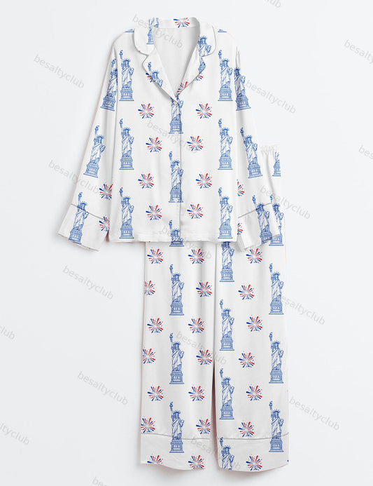 Statue Of Liberty Patriotic Freedom 4th Of July Pledge Of Allegiance Liberty And Justice For All Print Long Sleeve Satin Pajama Set