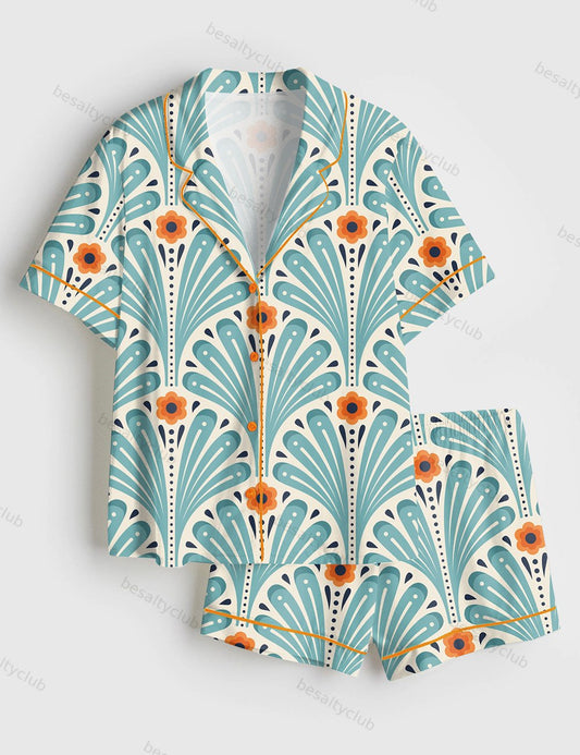 Tropical Maximalist Emerald Green Fans Sunset And Leaves Flowers Short Sleeve Satin Pajama Set