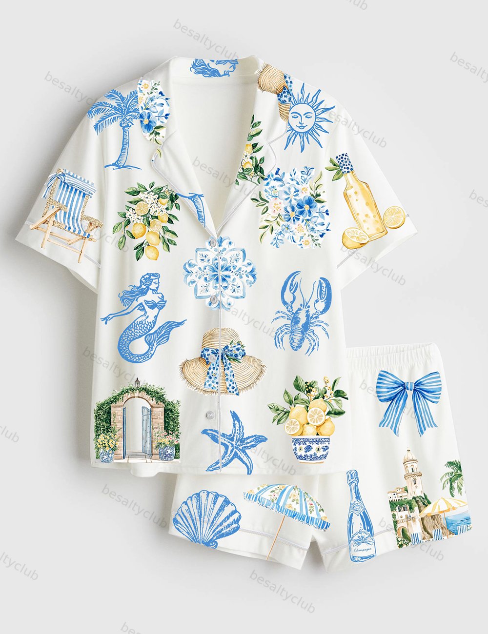 Watercolor Whimsical Watercolor Amalfi Coast Preppy Italian Summer Mediterranean Lemon Cocktail Print Short Sleeve Satin Pajama Set