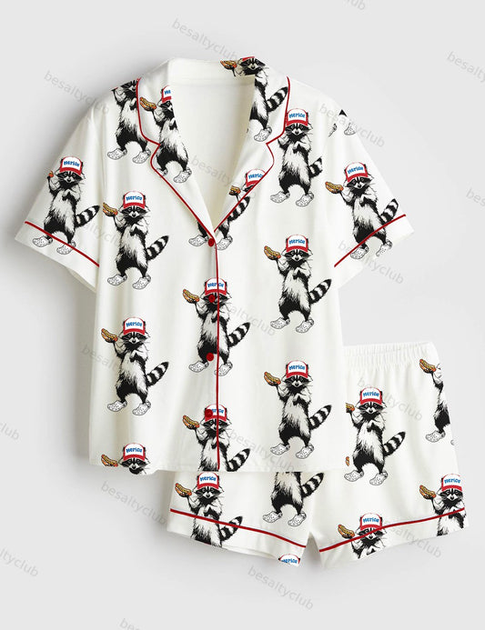 Red White And Feral Funny Raccoon 4th Of July Short Sleeve Satin Pajama Set