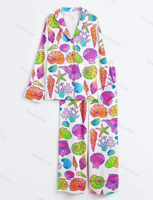 Summer Coquette Seashell Beach Coastal Summer Vibes Clam Starfish Long Sleeve Satin Pajama Set
