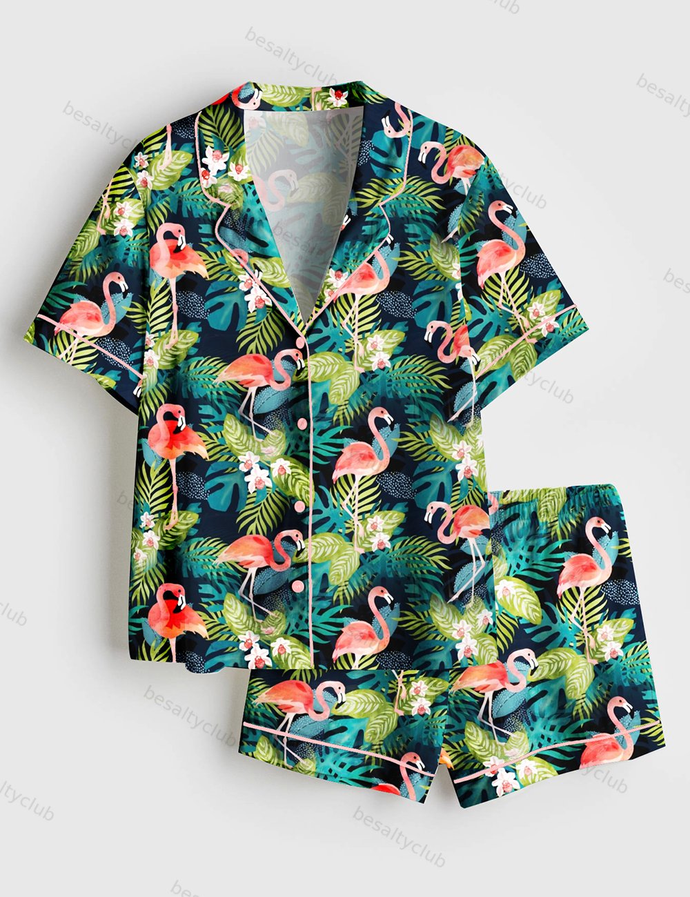 Flamingo Tropics Summer Beach Plant Short Sleeve Satin Pajama Set