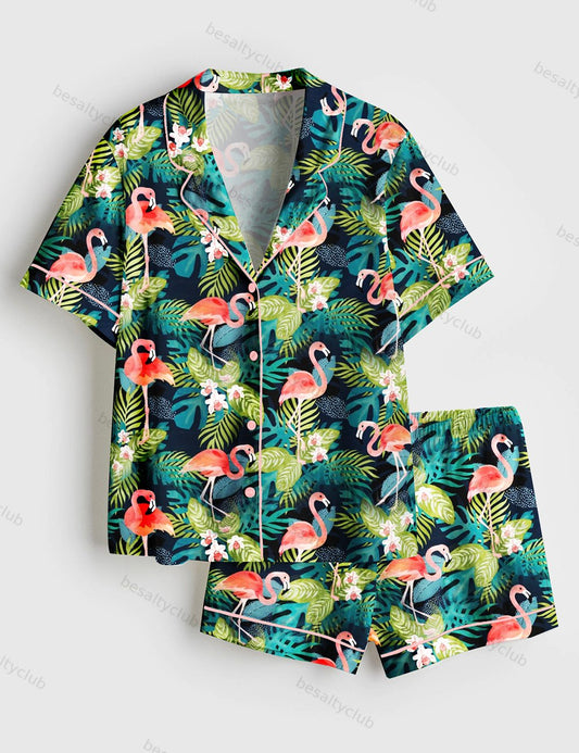 Flamingo Tropics Summer Beach Plant Short Sleeve Satin Pajama Set