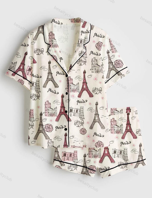 Girls Trip Paris Vacation Travel Short Sleeve Satin Pajama Set