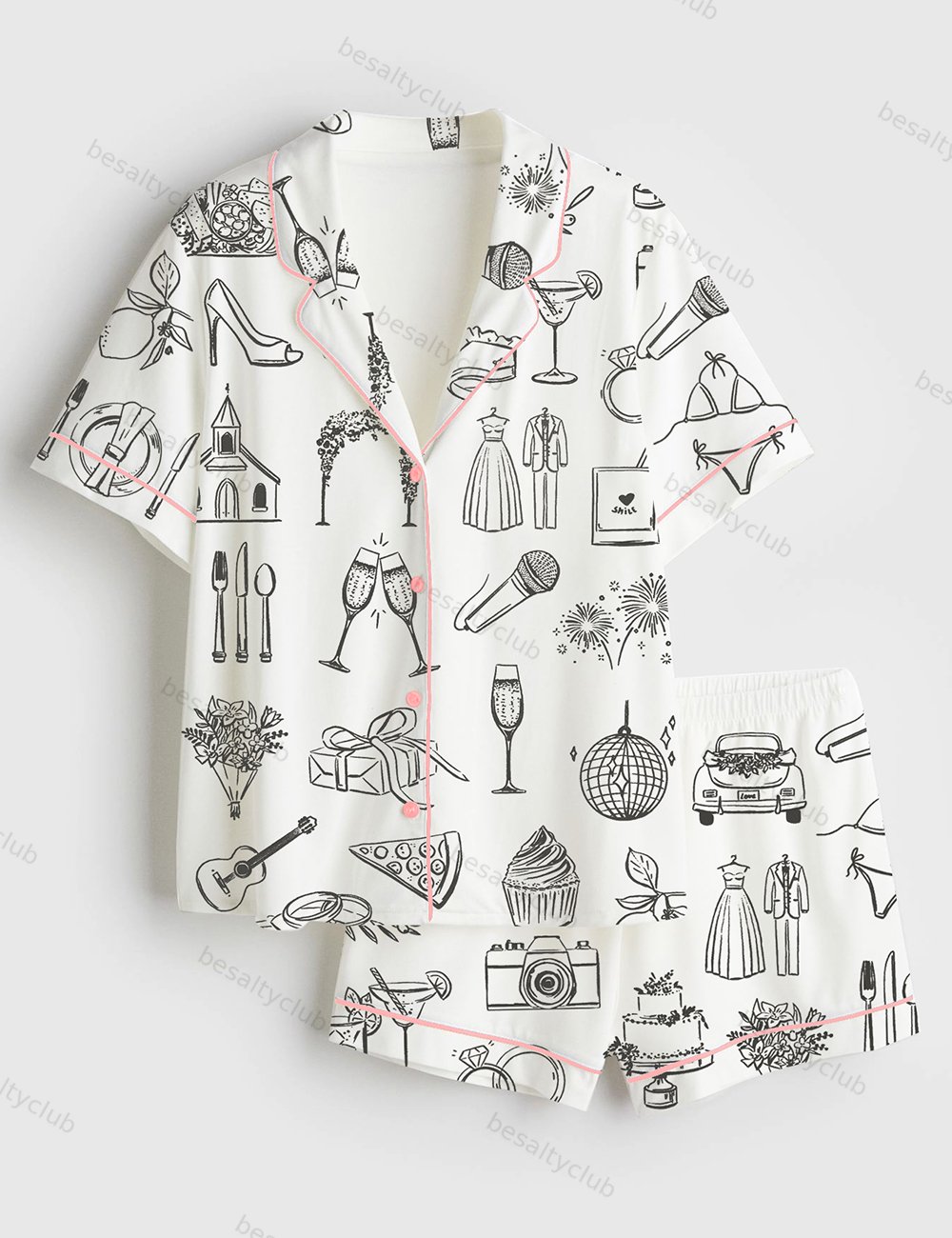 Hand Drawn Wedding Timeline Line Art Print Short Sleeve Satin Pajama Set