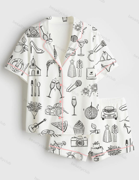 Hand Drawn Wedding Timeline Line Art Print Short Sleeve Satin Pajama Set