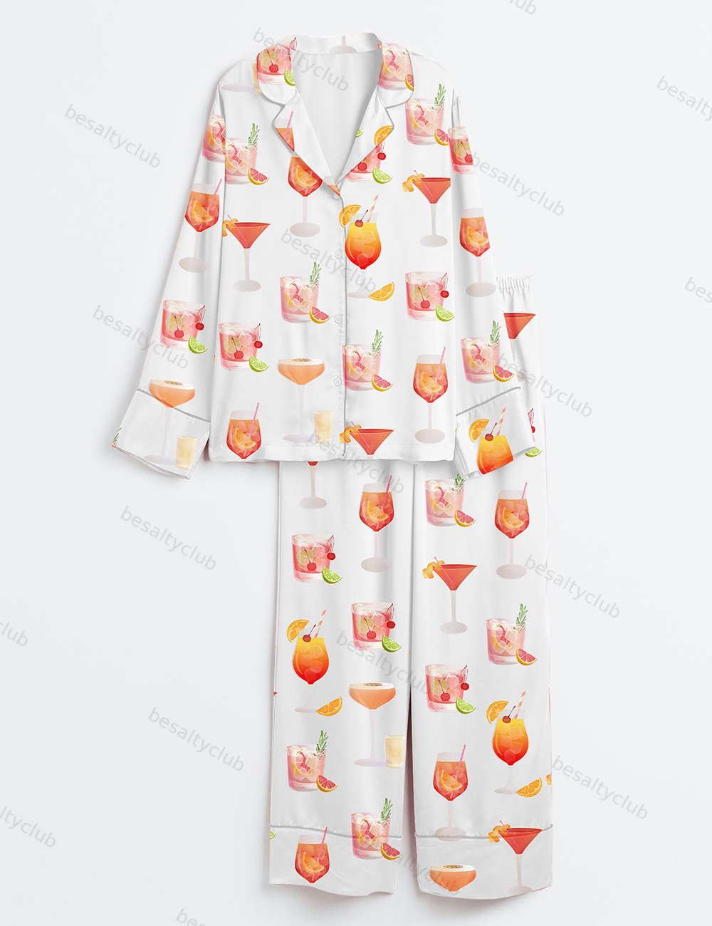 Watercolor Cocktail Drinks Summer Beach Lemon Drop Martini Wedding Cocktail Print Long Sleeve Satin Pajama Set