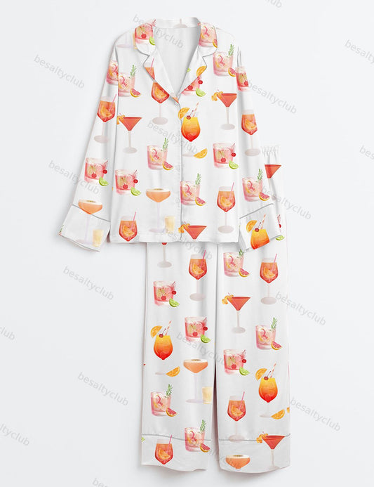 Watercolor Cocktail Drinks Summer Beach Lemon Drop Martini Wedding Cocktail Print Long Sleeve Satin Pajama Set