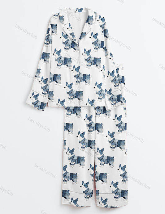 Corgi Dog Lover Long Sleeve Satin Pajama Set