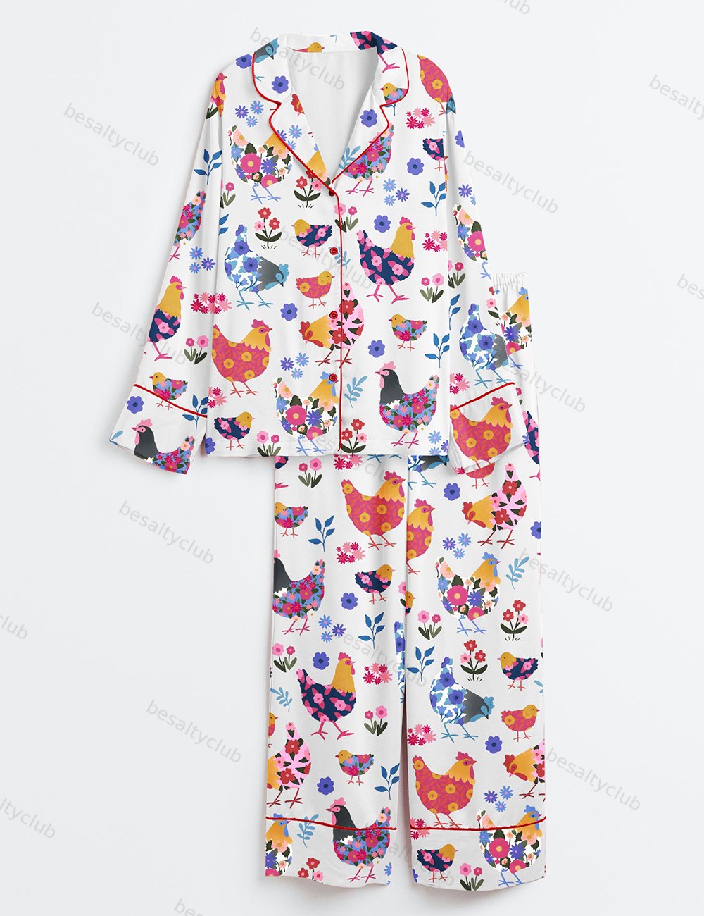 Flowers Chickens Lovers Long Sleeve Satin Pajama Set