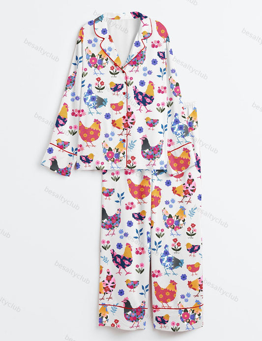 Flowers Chickens Lovers Long Sleeve Satin Pajama Set