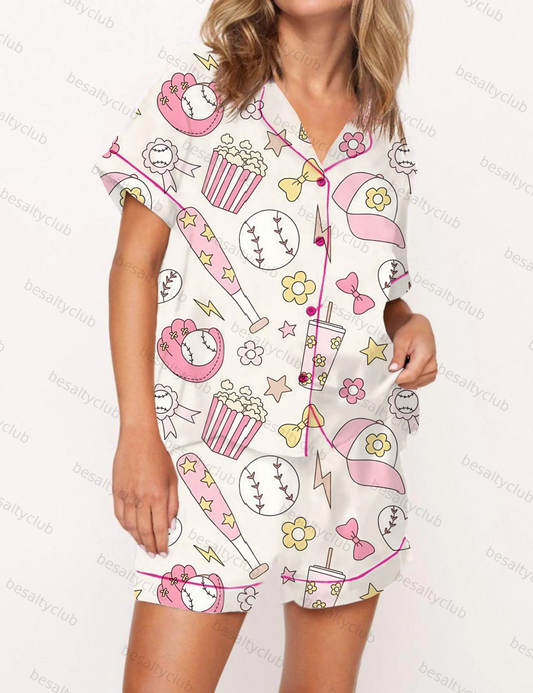Retro Girly Baseball Satin Pajama Short Set