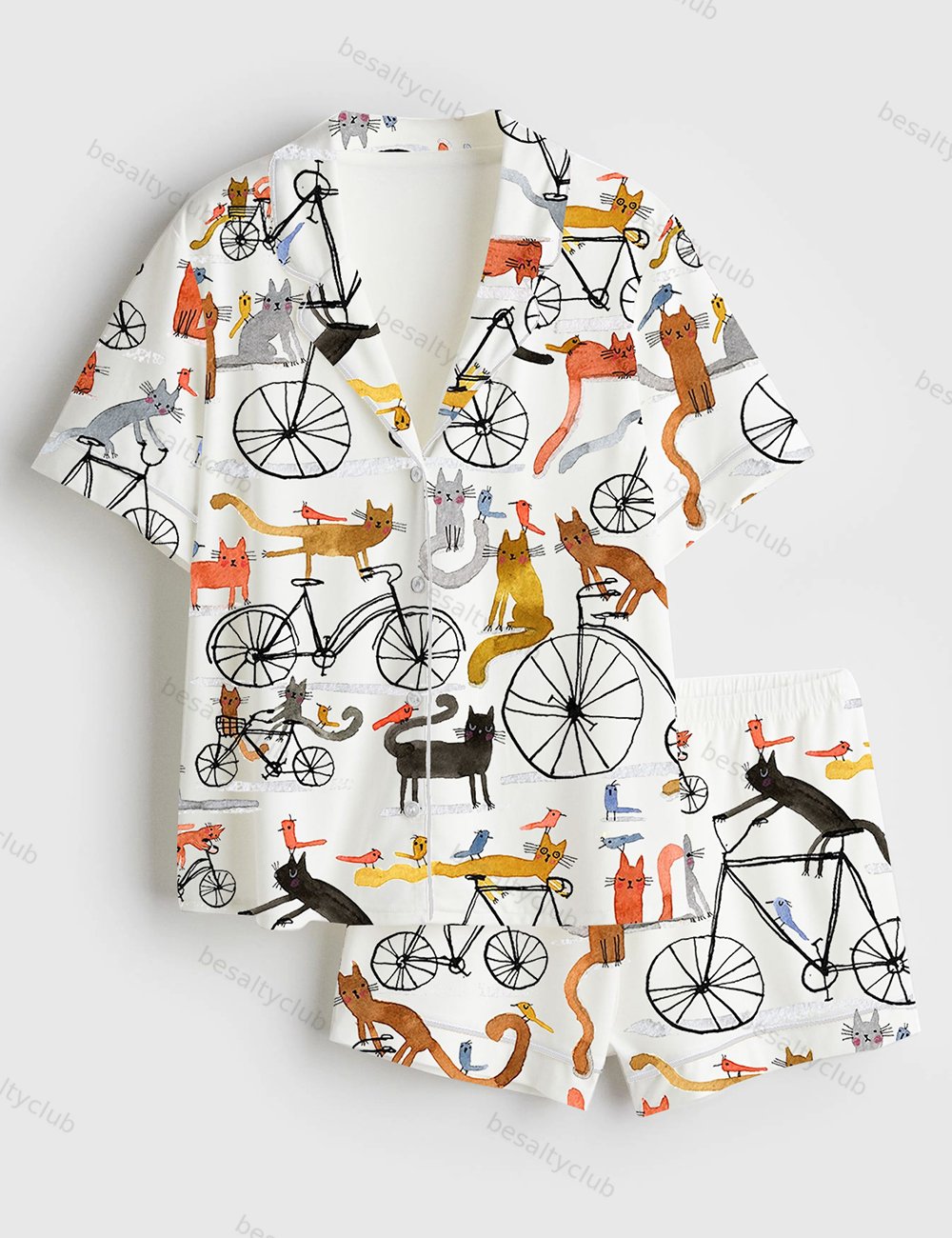 Cat Birds Cycling Bicycle Bike Drawing Cute Animals Short Sleeve Satin Pajama Set