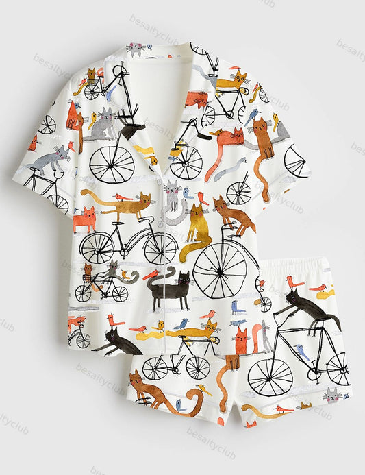 Cat Birds Cycling Bicycle Bike Drawing Cute Animals Short Sleeve Satin Pajama Set