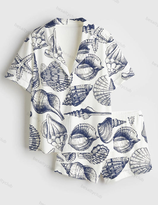 Vintage Seashell Coastal Aesthetic Summer Beach Travel Ocean Print Short Sleeve Satin Pajama Set