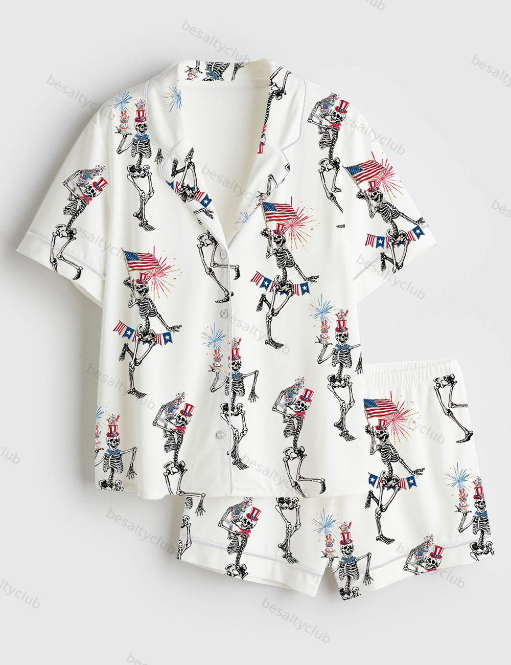 4th Of July Skellies Dancing Skeleton American Flag Stars And Stripes Red White Blue Short Sleeve Satin Pajama Set