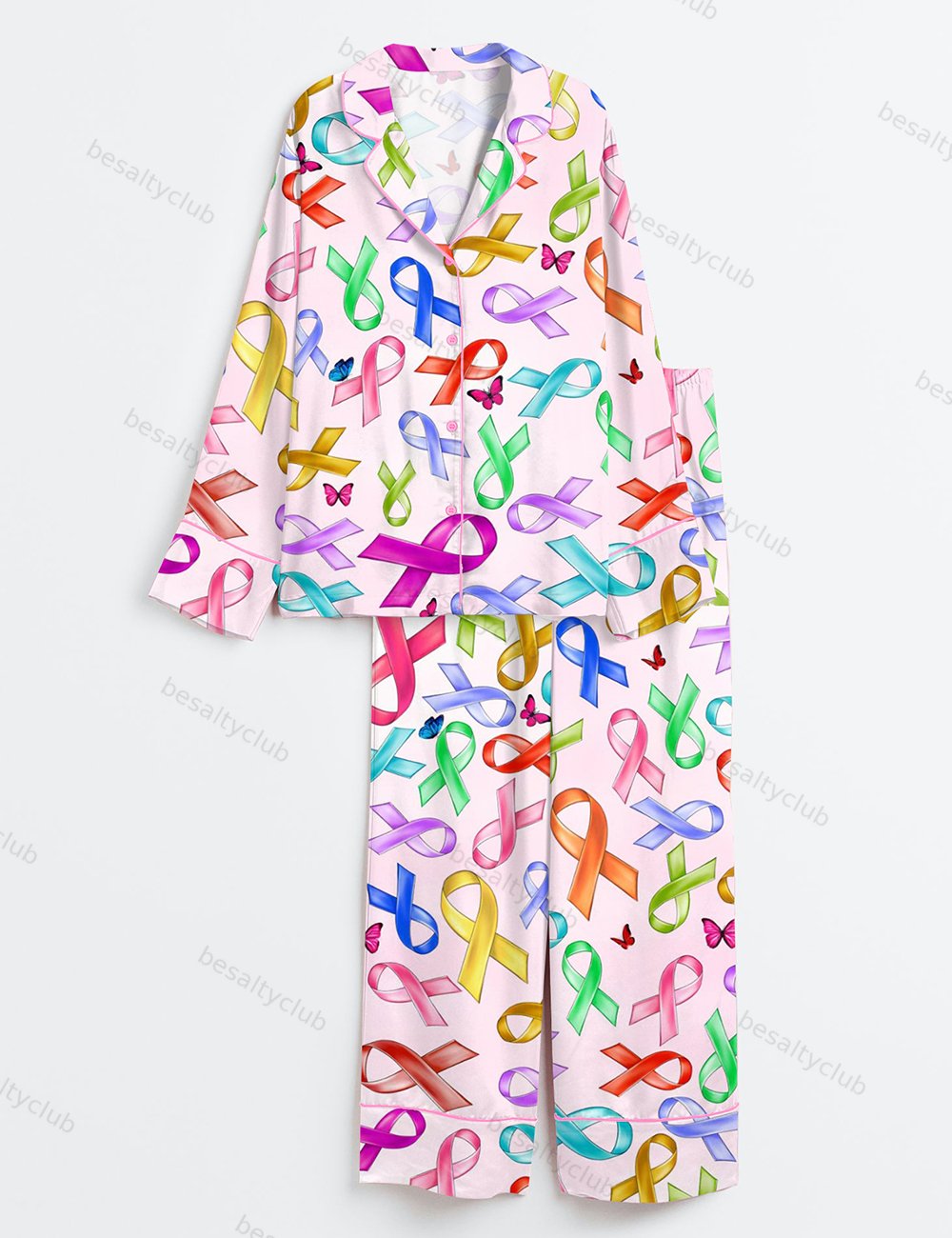 Breast Cancer Awareness Pink Ribbon Long Sleeve Satin Pajama Set