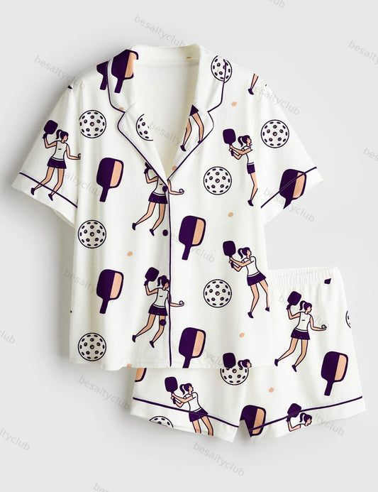 Pickleball Pattern Play Short Sleeve Satin Pajama Set