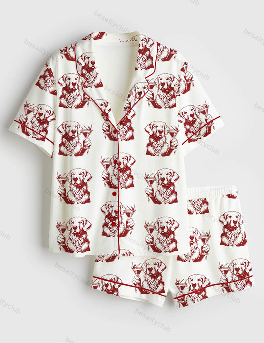 Golden Retriever Espresso Martini Short Sleeve Satin Pajama Set