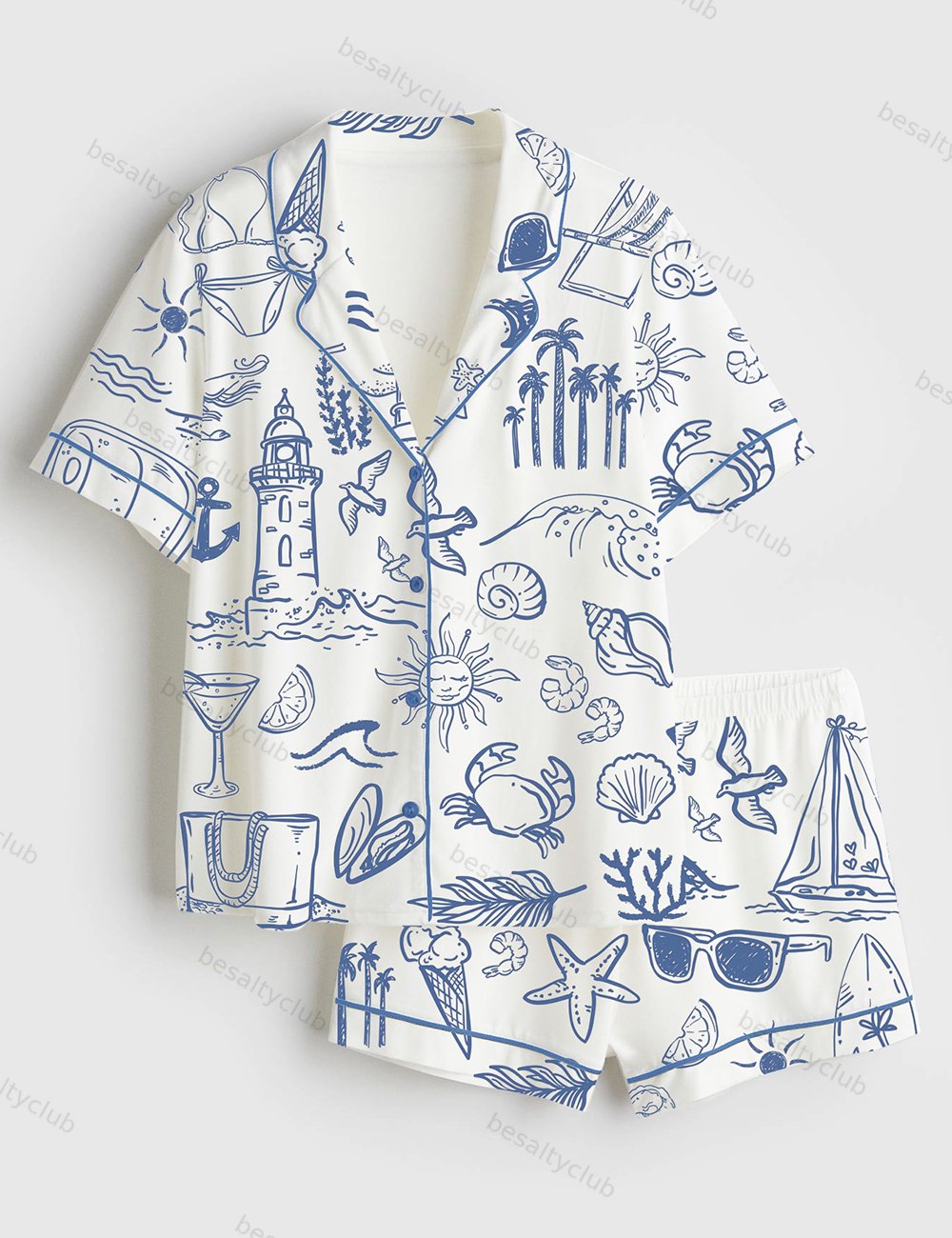 Coastal Whimsical Style Summer Beach Short Sleeve Satin Pajama Set