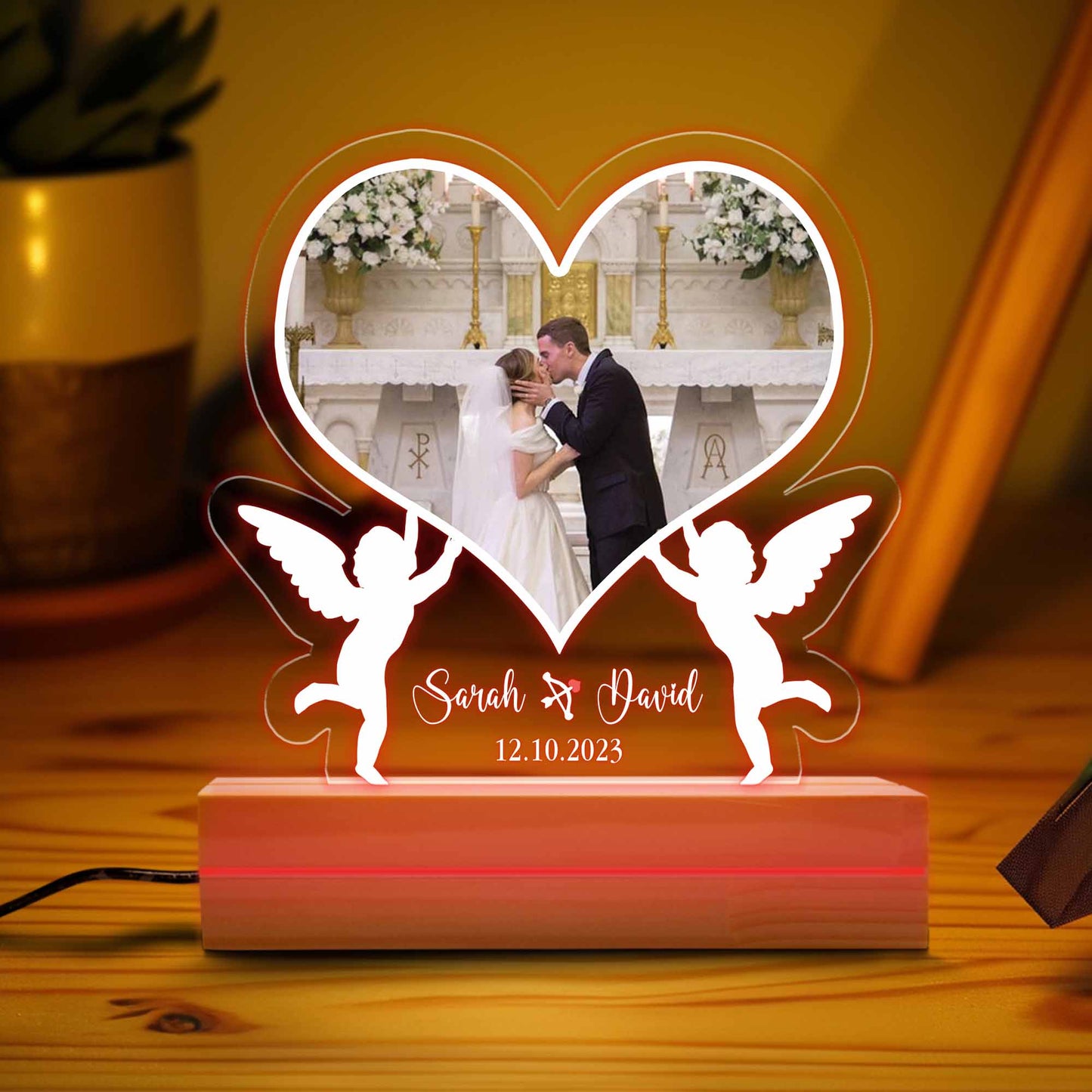 Personalized Wedding Photo LED Light, Personalized Heart-Shaped Lamp with Angels, Engraved Couple's Name and Date, Romantic Wedding Gift