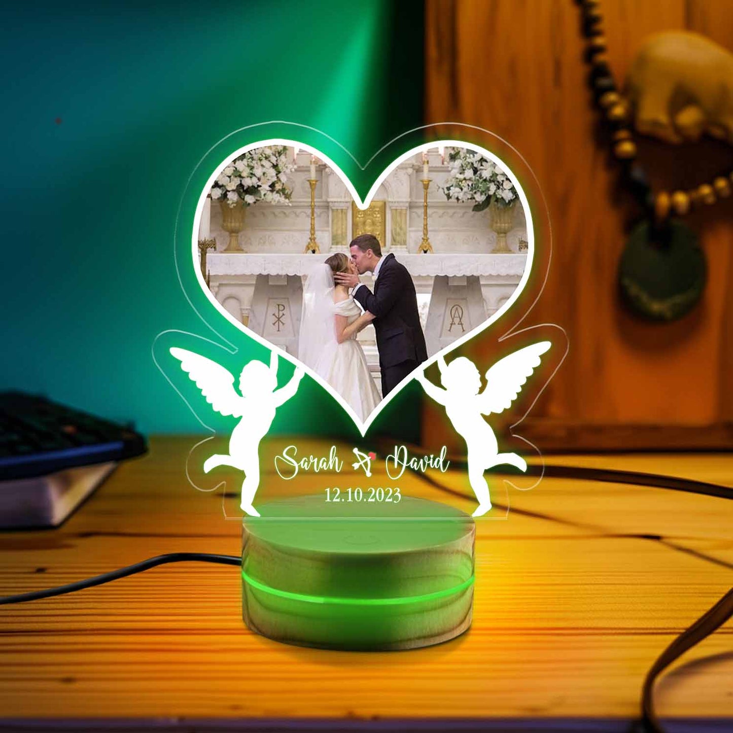 Personalized Wedding Photo LED Light, Personalized Heart-Shaped Lamp with Angels, Engraved Couple's Name and Date, Romantic Wedding Gift